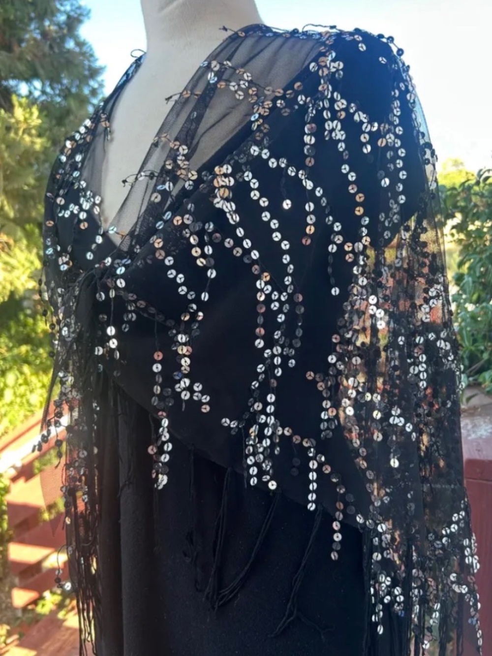 Sparkling black mesh silver sequin wrap, Shawl, semi sheer